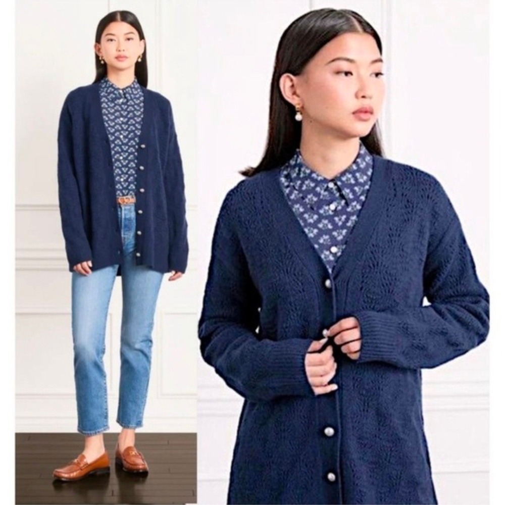 Hill House The Simple Cardigan Sweater Navy Blue Merino Wool Pointelle Small New